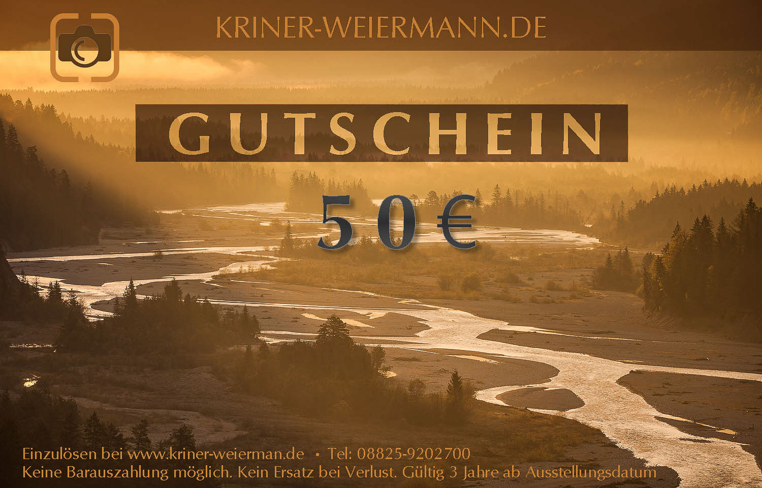wilder Fluß Wir geben gerne Hilfestellung und beraten Sie auch persönlich zu Ihrem individuellen Gutschein <a href="https://www.kriner-weiermann.de/contact/">hier</a>.
<h4>Einlösebedingungen</h4>
Der Gutschein kann im Warenkorb unseres Kriner-Weiermann Shops angewendet werden. Gerne können Sie den Gutschein auch bei einer telefonischen Bestellung anwenden. Bei Bestellungen im Internet oder per Telefon wird der Gutschein automatisch von der Rechnung abgezogen, wenn der Gutschein-Code bei deiner Bestellung angegeben wurde. Eine Barauszahlung ist leider nicht möglich. Der Gutschein hat eine Gültigkeit von 3 Jahren. Bei Verlust oder Diebstahl des Gutschein-Codes kann keine Erstattung durch Kriner-Weiermann GbR erfolgen.