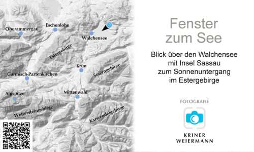 Blick über den Walchensee mit Insel Sassau zum Sonnenuntergang im Estergebirge - Fenster zum See -