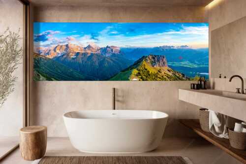 Signalkopf mit Karwendel- und Wettersteingebirge - Abflug - Größe ca. 300x100cm, Seitenverhältnis 3:1 - Gleitschirm im Karwendel - weitere Infos unter https://www.kriner-weiermann.de