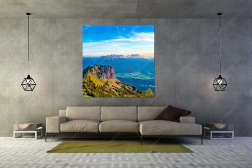 Signalkopf mit Karwendel- und Wettersteingebirge - Abflug - Größe ca. 160x160cm, Seitenverhältnis 1:1 - Gleitschirm im Karwendel - weitere Infos unter https://www.kriner-weiermann.de