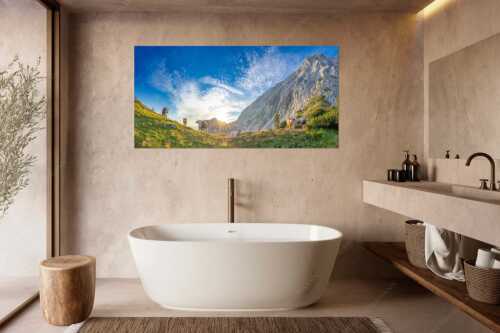 Jungvieh am Kämisattel mit Sonnenaufgang am Zirbelkopf im Wettersteingebirge - Almsommermorgen - Größe ca. 180x90cm, Seitenverhältnis 2:1 - Rinder Kälber im Wetterstein - weitere Infos unter https://www.kriner-weiermann.de