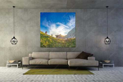 Jungvieh am Kämisattel mit Sonnenaufgang am Zirbelkopf im Wettersteingebirge - Almsommermorgen - Größe ca. 160x160cm, Seitenverhältnis 1:1 - Rinder Kälber im Wetterstein - weitere Infos unter https://www.kriner-weiermann.de