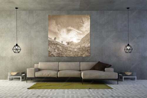Jungvieh am Kämisattel mit Sonnenaufgang am Zirbelkopf im Wettersteingebirge - Almsommermorgen - Größe ca. 160x160cm, Seitenverhältnis 1:1 - Rinder Kälber im Wetterstein - weitere Infos unter https://www.kriner-weiermann.de