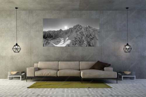 Sonnenaufgang zwischen Erlspitze und Freiungspitzen im Karwendel - Alpin - Größe ca. 200x100cm, Seitenverhältnis 2:1 - Winter im Karwendelgebirge - weitere Infos unter https://www.kriner-weiermann.de