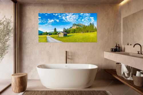 Wiesmahdstadel mit Königstand und Wetterstein im Hintergrund - Am Reschberg - Größe ca. 180x90cm, Seitenverhältnis 2:1 - Heustadel mit Königstand - weitere Infos unter https://www.kriner-weiermann.de