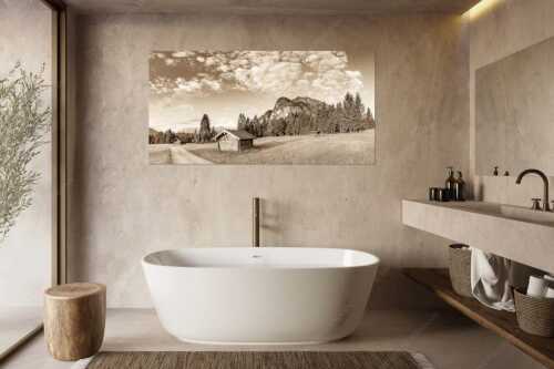 Wiesmahdstadel mit Königstand und Wetterstein im Hintergrund - Am Reschberg - Größe ca. 180x90cm, Seitenverhältnis 2:1 - Heustadel mit Königstand - weitere Infos unter https://www.kriner-weiermann.de
