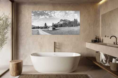 Wiesmahdstadel mit Königstand und Wetterstein im Hintergrund - Am Reschberg - Größe ca. 180x90cm, Seitenverhältnis 2:1 - Heustadel mit Königstand - weitere Infos unter https://www.kriner-weiermann.de