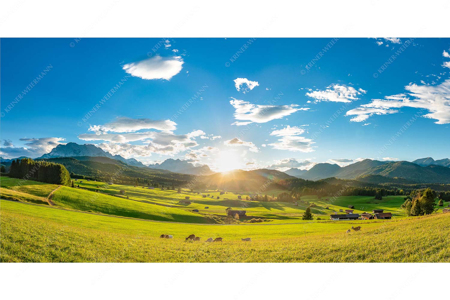 Am Tonihof – Seitenverhältnis 2:1 — Wetterstein und Estergebirge Blick in den Sonnenuntergang am Zugspitzmassiv