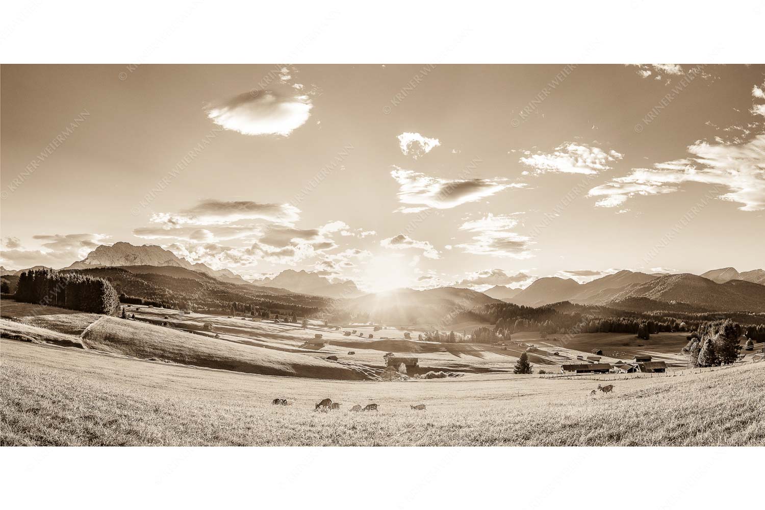 Am Tonihof – Seitenverhältnis 2:1 — Wetterstein und Estergebirge Blick in den Sonnenuntergang am Zugspitzmassiv