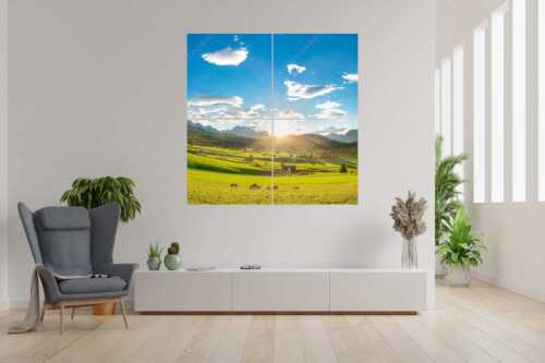 Blick in den Sonnenuntergang am Zugspitzmassiv - Am Tonihof - 4er Split, Größe ca. 180x180cm, Seitenverhältnis 1:1 - Wetterstein und Estergebirge - weitere Infos unter https://www.kriner-weiermann.de