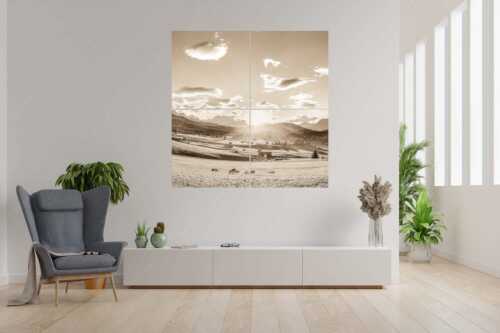 Blick in den Sonnenuntergang am Zugspitzmassiv - Am Tonihof - 4er Split, Größe ca. 180x180cm, Seitenverhältnis 1:1 - Wetterstein und Estergebirge - weitere Infos unter https://www.kriner-weiermann.de