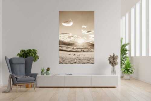 Blick in den Sonnenuntergang am Zugspitzmassiv - Am Tonihof - Größe ca. 120x180cm, Seitenverhältnis 2:3 - Wetterstein und Estergebirge - weitere Infos unter https://www.kriner-weiermann.de