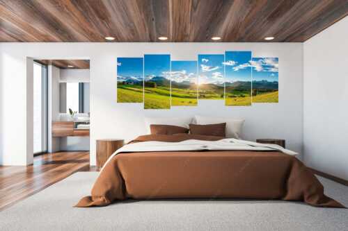 Blick in den Sonnenuntergang am Zugspitzmassiv - Am Tonihof - 6er Split, Größe ca. 280x112cm, Seitenverhältnis 2,5:1 - Wetterstein und Estergebirge - weitere Infos unter https://www.kriner-weiermann.de