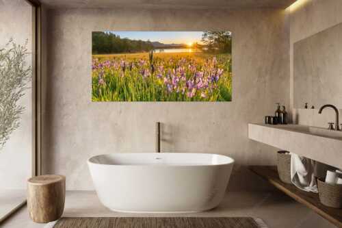 Schwertlilien im Sonnenaufgang im Oberen Isartal - Augenweide - Größe ca. 180x90cm, Seitenverhältnis 2:1 - Schwertlilien Iris am Barmsee - weitere Infos unter https://www.kriner-weiermann.de