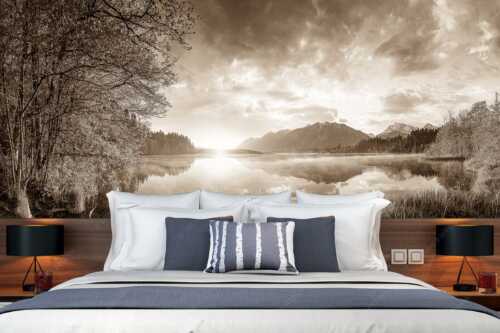 Sonnenaufgang am Barmsee mit Blick zum Soiern- und Karwendelgebirge - Barmseespiegel - Größe ca. 350x140cm, Seitenverhältnis 2,5:1 - Barmsee mit Karwendel - weitere Infos unter https://www.kriner-weiermann.de