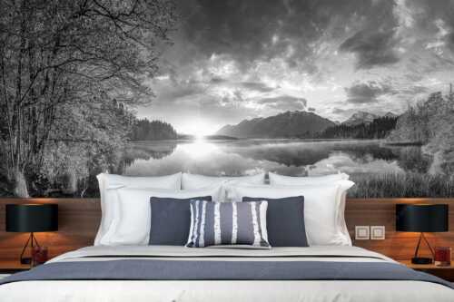 Sonnenaufgang am Barmsee mit Blick zum Soiern- und Karwendelgebirge - Barmseespiegel - Größe ca. 350x140cm, Seitenverhältnis 2,5:1 - Barmsee mit Karwendel - weitere Infos unter https://www.kriner-weiermann.de