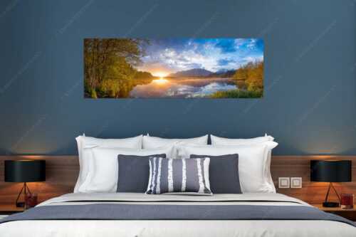 Sonnenaufgang am Barmsee mit Blick zum Soiern- und Karwendelgebirge - Barmseespiegel - Größe ca. 180x60cm, Seitenverhältnis 3:1 - Barmsee mit Karwendel - weitere Infos unter https://www.kriner-weiermann.de