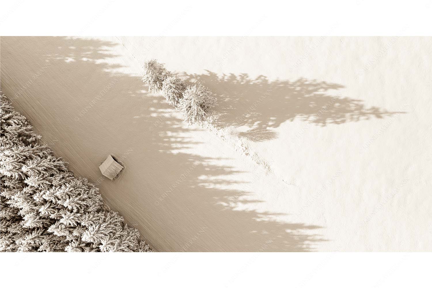 Baumgrenze – Seitenverhältnis 2:1 — Schatten im Schnee Bäume, Stadel und Schatten