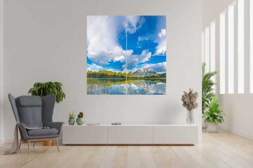 Blick über den Luttensee mit Karwendelgebirge und bayrischem Himmel - Bayrisch-Himmel - 4er Split, Größe ca. 180x180cm, Seitenverhältnis 1:1 - Luttensee mit Karwendel - weitere Infos unter https://www.kriner-weiermann.de