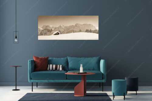 Blick zum Karwendelgebirge mit Wörner, Tiefkar- und Westlicher Karwendelspitze - Beeindruckendes Karwendel - Größe ca. 175x70cm, Seitenverhältnis 2,5:1 - Viel Schnee auf Heustadel - weitere Infos unter https://www.kriner-weiermann.de