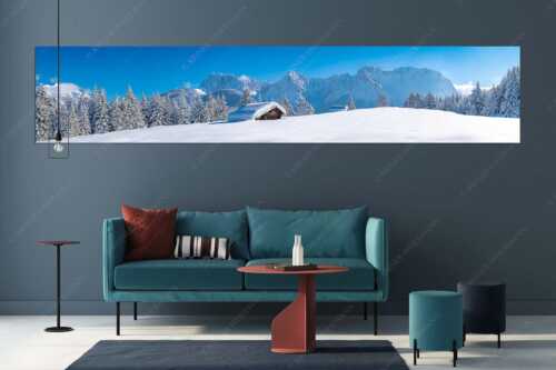 Blick zum Karwendelgebirge mit Wörner, Tiefkar- und Westlicher Karwendelspitze - Beeindruckendes Karwendel - Größe ca. 350x70cm, Seitenverhältnis 5:1 - Viel Schnee auf Heustadel - weitere Infos unter https://www.kriner-weiermann.de