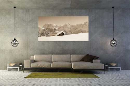 Blick zum Karwendelgebirge mit Wörner, Tiefkar- und Westlicher Karwendelspitze - Beeindruckendes Karwendel - Größe ca. 200x100cm, Seitenverhältnis 2:1 - Viel Schnee auf Heustadel - weitere Infos unter https://www.kriner-weiermann.de
