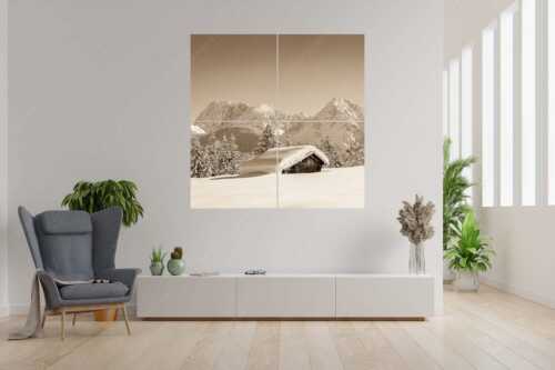 Blick zum Karwendelgebirge mit Wörner, Tiefkar- und Westlicher Karwendelspitze - Beeindruckendes Karwendel - 4er Split, Größe ca. 180x180cm, Seitenverhältnis 1:1 - Viel Schnee auf Heustadel - weitere Infos unter https://www.kriner-weiermann.de