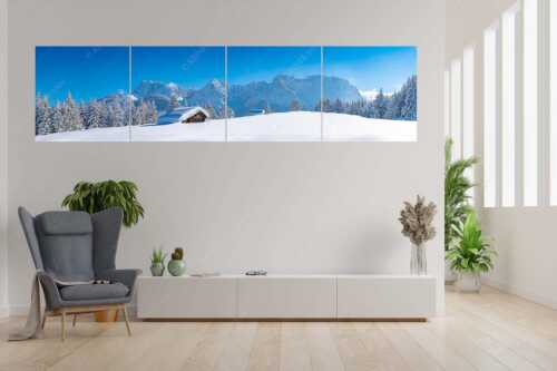 Blick zum Karwendelgebirge mit Wörner, Tiefkar- und Westlicher Karwendelspitze - Beeindruckendes Karwendel - 4er Split, Größe ca. 280x70cm, Seitenverhältnis 4:1 - Viel Schnee auf Heustadel - weitere Infos unter https://www.kriner-weiermann.de