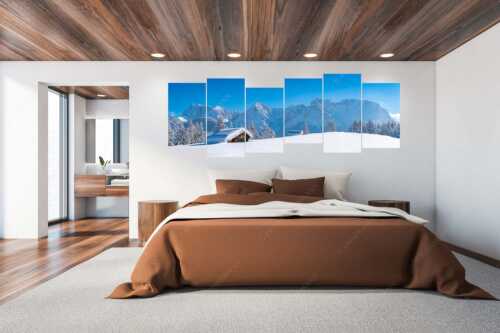 Blick zum Karwendelgebirge mit Wörner, Tiefkar- und Westlicher Karwendelspitze - Beeindruckendes Karwendel - 6er Split, Größe ca. 280x112cm, Seitenverhältnis 2,5:1 - Viel Schnee auf Heustadel - weitere Infos unter https://www.kriner-weiermann.de