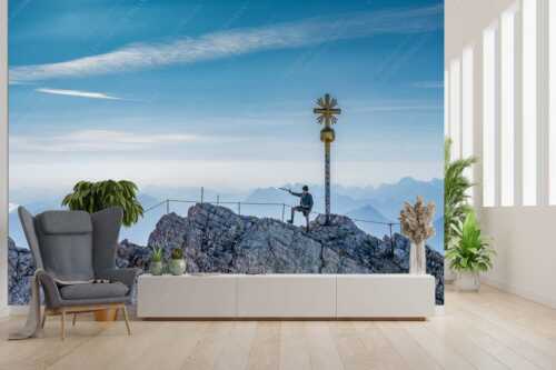 Bergführer im historischen Gewand auf dem Zugspitzgipfel mit Karwendel im Hintergrund - Bergführer - Größe ca. 300x200cm, Seitenverhältnis 3:2 - Bergführer auf Zugspitzgipfel - weitere Infos unter https://www.kriner-weiermann.de