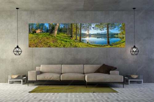 Blick über den Wildensee zum Sonnenaufgang im Soierngebirge mit Karwendel - Blaubeerwald - Größe ca. 320x80cm, Seitenverhältnis 4:1 - Sonnenaufgang am Wildensee - weitere Infos unter https://www.kriner-weiermann.de
