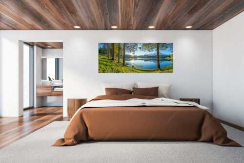 Blick über den Wildensee zum Sonnenaufgang im Soierngebirge mit Karwendel - Blaubeerwald - Größe ca. 200x80cm, Seitenverhältnis 2,5:1 - Sonnenaufgang am Wildensee - weitere Infos unter https://www.kriner-weiermann.de