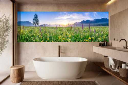 Erstes Licht auf das Wiesmaht bei Sonnenaufgang - Blumenpracht - Größe ca. 300x100cm, Seitenverhältnis 3:1 - Üppige Blumenwiese mit Orchideen bei Wallgau - weitere Infos unter https://www.kriner-weiermann.de