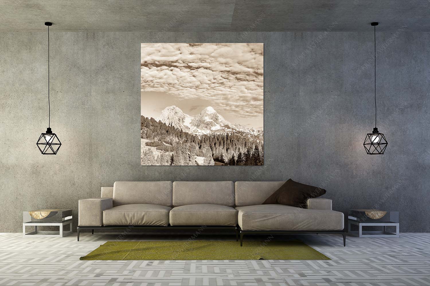 Blick über Schachenschloss zum Hochblassen und Alpspitze im Wettersteingebirge - Der höhere Unscheinbare - Größe ca. 160x160cm, Seitenverhältnis 1:1 - Hochblassen und Alpspitze - weitere Infos unter https://www.kriner-weiermann.de