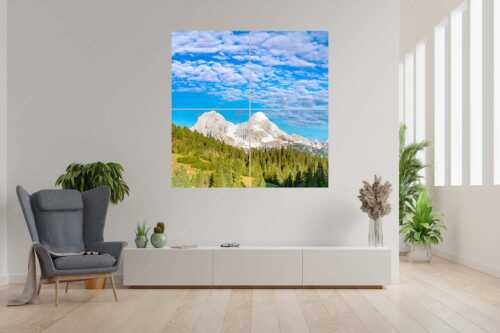 Blick über Schachenschloss zum Hochblassen und Alpspitze im Wettersteingebirge - Der höhere Unscheinbare - 4er Split, Größe ca. 180x180cm, Seitenverhältnis 1:1 - Hochblassen und Alpspitze - weitere Infos unter https://www.kriner-weiermann.de