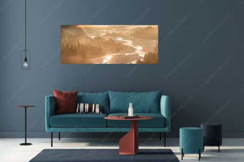 Morgentliche Kanufahrt auf der Isar bei Wallgau mit mystischer Nebelstimmung - Der Seele entlang - Größe ca. 175x70cm, Seitenverhältnis 2,5:1 - Isar bei Wallgau - weitere Infos unter https://www.kriner-weiermann.de