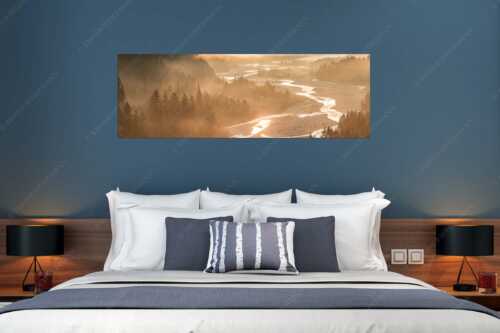 Morgentliche Kanufahrt auf der Isar bei Wallgau mit mystischer Nebelstimmung - Der Seele entlang - Größe ca. 180x60cm, Seitenverhältnis 3:1 - Isar bei Wallgau - weitere Infos unter https://www.kriner-weiermann.de