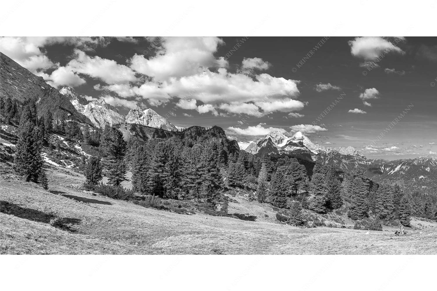 Die Farben deines Himmels – Seitenverhältnis 2:1 — Frühling im Wettersteingebirge Großer Zirbenbestand auf der Wettersteinnordseite mit Blick aufs Zugspitzmassiv