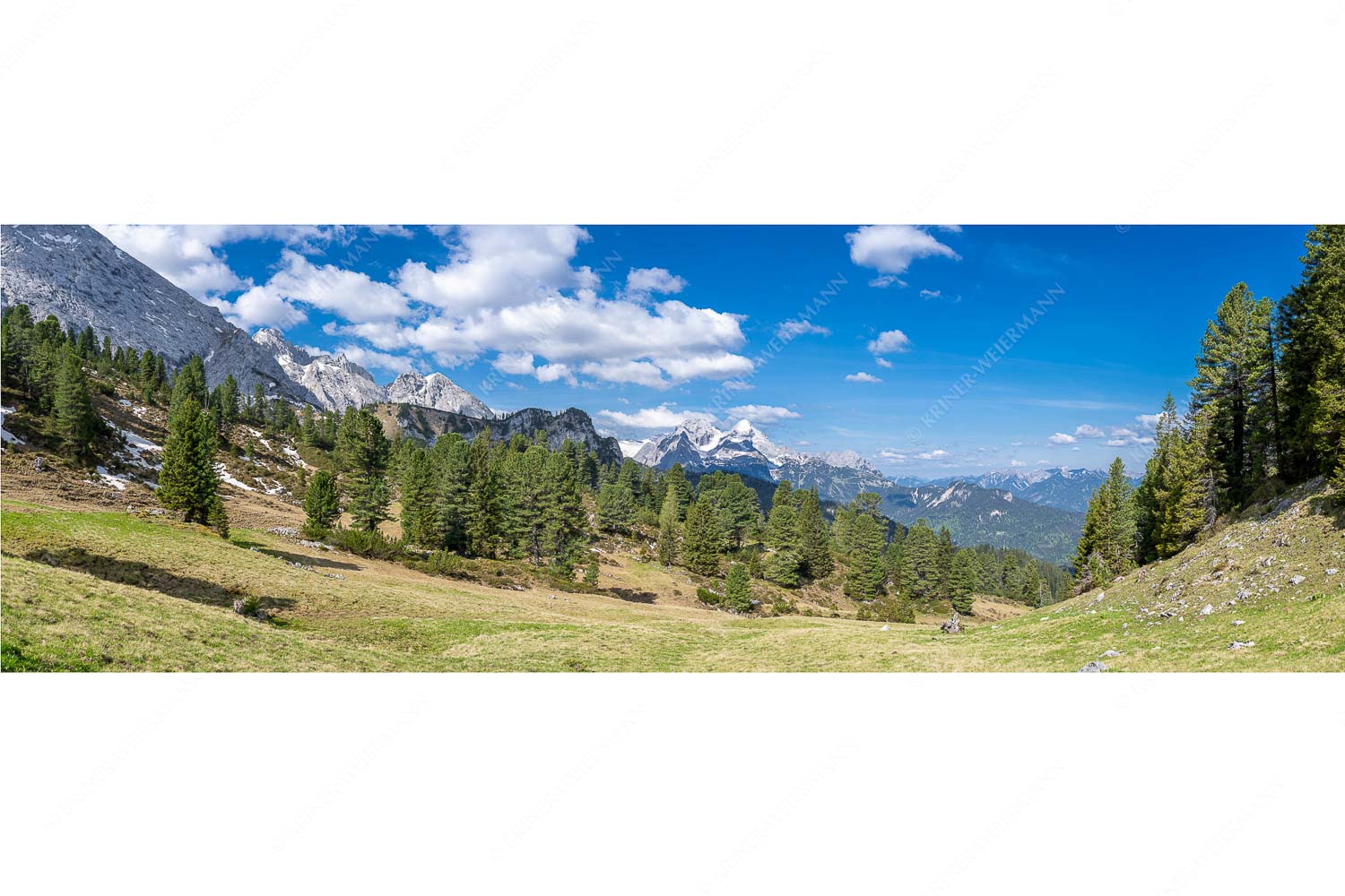 Die Farben deines Himmels – Seitenverhältnis 3:1 — Frühling im Wettersteingebirge Großer Zirbenbestand auf der Wettersteinnordseite mit Blick aufs Zugspitzmassiv