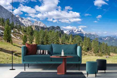 Großer Zirbenbestand auf der Wettersteinnordseite mit Blick aufs Zugspitzmassiv - Die Farben deines Himmels - Größe ca. 400x200cm, Seitenverhältnis 2:1 - Frühling im Wettersteingebirge - weitere Infos unter https://www.kriner-weiermann.de