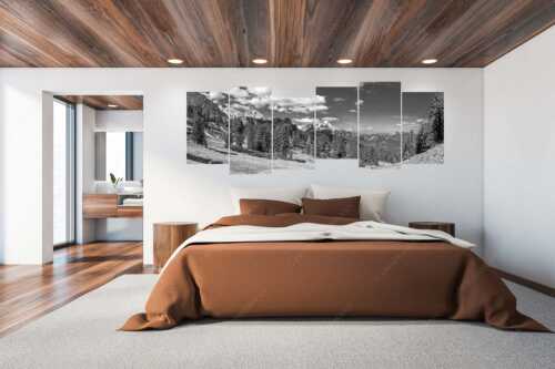Großer Zirbenbestand auf der Wettersteinnordseite mit Blick aufs Zugspitzmassiv - Die Farben deines Himmels - 6er Split, Größe ca. 280x112cm, Seitenverhältnis 2,5:1 - Frühling im Wettersteingebirge - weitere Infos unter https://www.kriner-weiermann.de