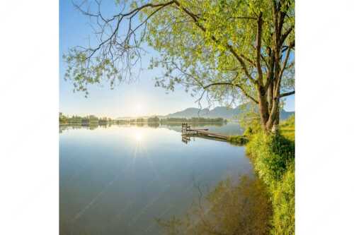 Blick über den Kochelsee bei Schlehdorf in den Sonnenaufgang - Die Sonne geht immer wieder auf II - Seitenverhältnis 1:1 - Bootssteg am Kochelsee - weitere Infos unter https://www.kriner-weiermann.de
