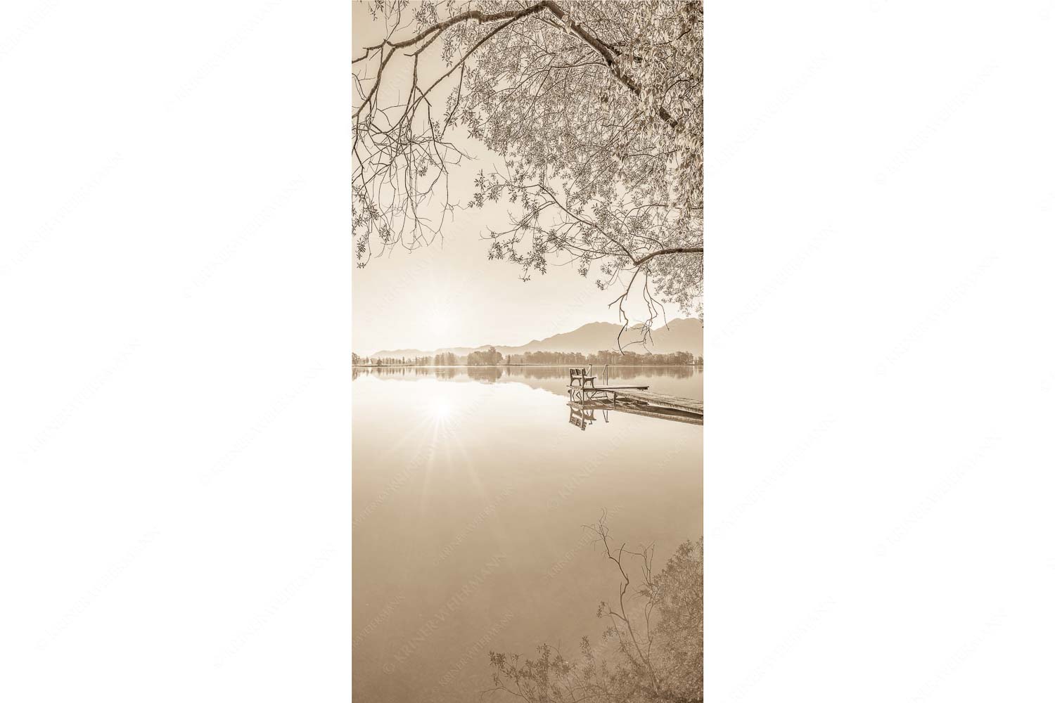 Die Sonne geht immer wieder auf II – Seitenverhältnis 1:2 — Bootssteg am Kochelsee Blick über den Kochelsee bei Schlehdorf in den Sonnenaufgang