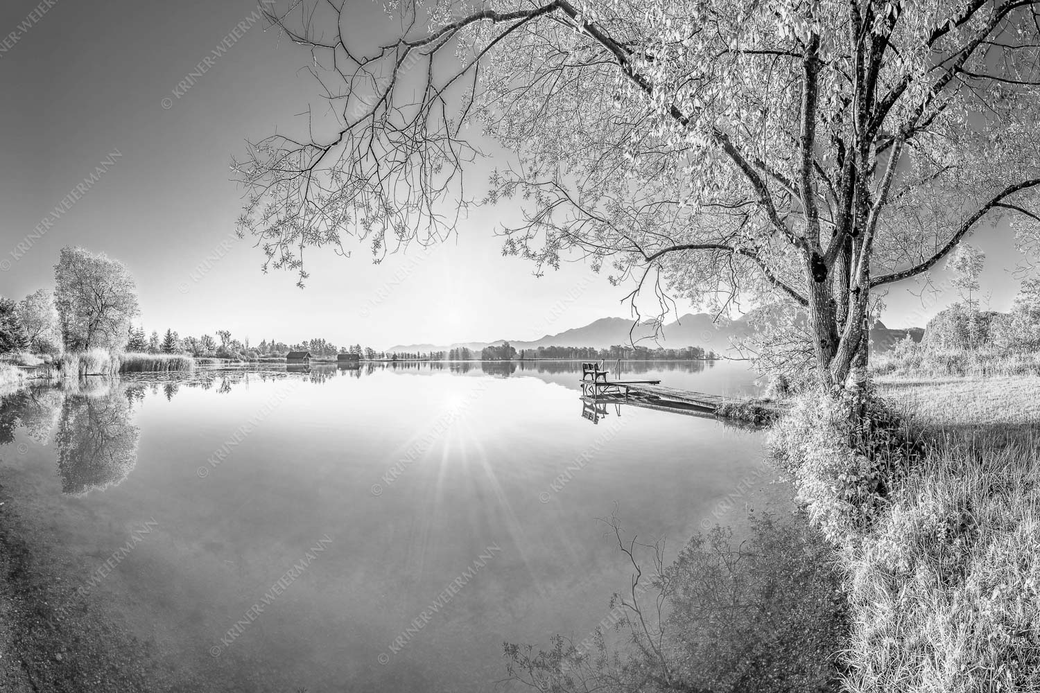 Die Sonne geht immer wieder auf II – Seitenverhältnis 3:2 — Bootssteg am Kochelsee Blick über den Kochelsee bei Schlehdorf in den Sonnenaufgang