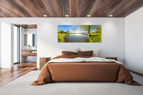 Blick über den Kochelsee bei Schlehdorf in den Sonnenaufgang - Die Sonne geht immer wieder auf II - Größe ca. 200x80cm, Seitenverhältnis 2,5:1 - Bootssteg am Kochelsee - weitere Infos unter https://www.kriner-weiermann.de