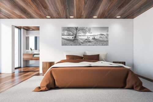 Blick über den Kochelsee bei Schlehdorf in den Sonnenaufgang - Die Sonne geht immer wieder auf III - Größe ca. 200x80cm, Seitenverhältnis 2,5:1 - Bootssteg mit Bank am Kochelsee - weitere Infos unter https://www.kriner-weiermann.de