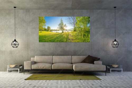 Wiese bei Schlehdorf bei Sonnenaufgang am Kochelsee - Die Sonne geht immer wieder auf - Größe ca. 200x100cm, Seitenverhältnis 2:1 - Sonnenaufgang am Kochelsee - weitere Infos unter https://www.kriner-weiermann.de