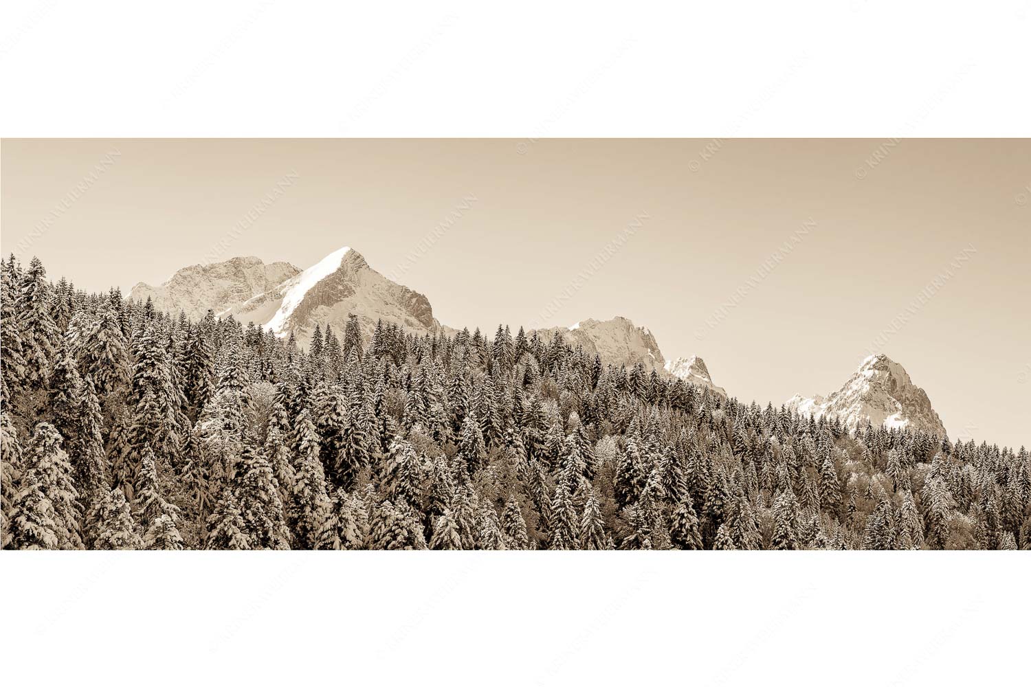 Die Wichtigsten – Seitenverhältnis 2,5:1 — Alpspitze Zugspitze und Waxenstein Wald bei Garmisch-Partenirchen mit Alpspitze, Zugspitze und Waxenstein im Wettersteingebirge