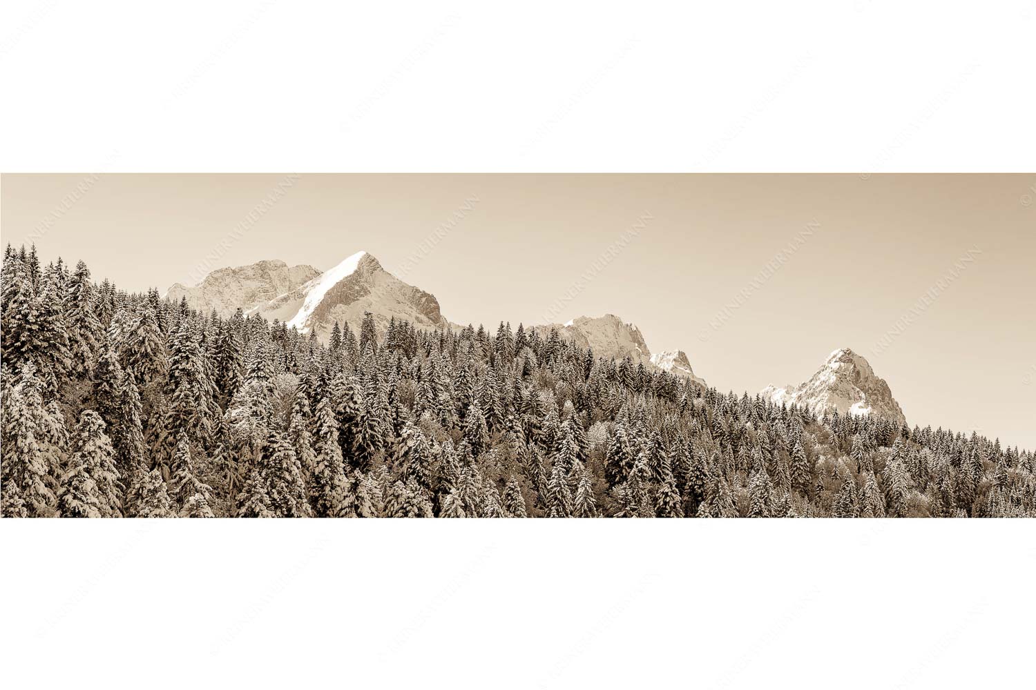Die Wichtigsten – Seitenverhältnis 3:1 — Alpspitze Zugspitze und Waxenstein Wald bei Garmisch-Partenirchen mit Alpspitze, Zugspitze und Waxenstein im Wettersteingebirge