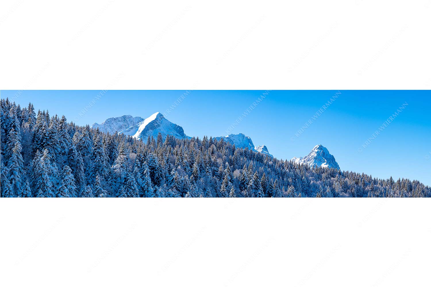 Die Wichtigsten – Seitenverhältnis 4:1 — Alpspitze Zugspitze und Waxenstein Wald bei Garmisch-Partenirchen mit Alpspitze, Zugspitze und Waxenstein im Wettersteingebirge